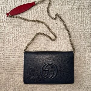 Gucci Navy Leather Crossbody with Gold Chain